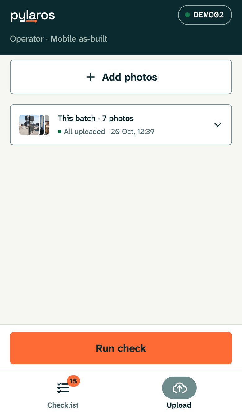 Field app upload tab: a batch of five photos, all uploaded, and the Run check button