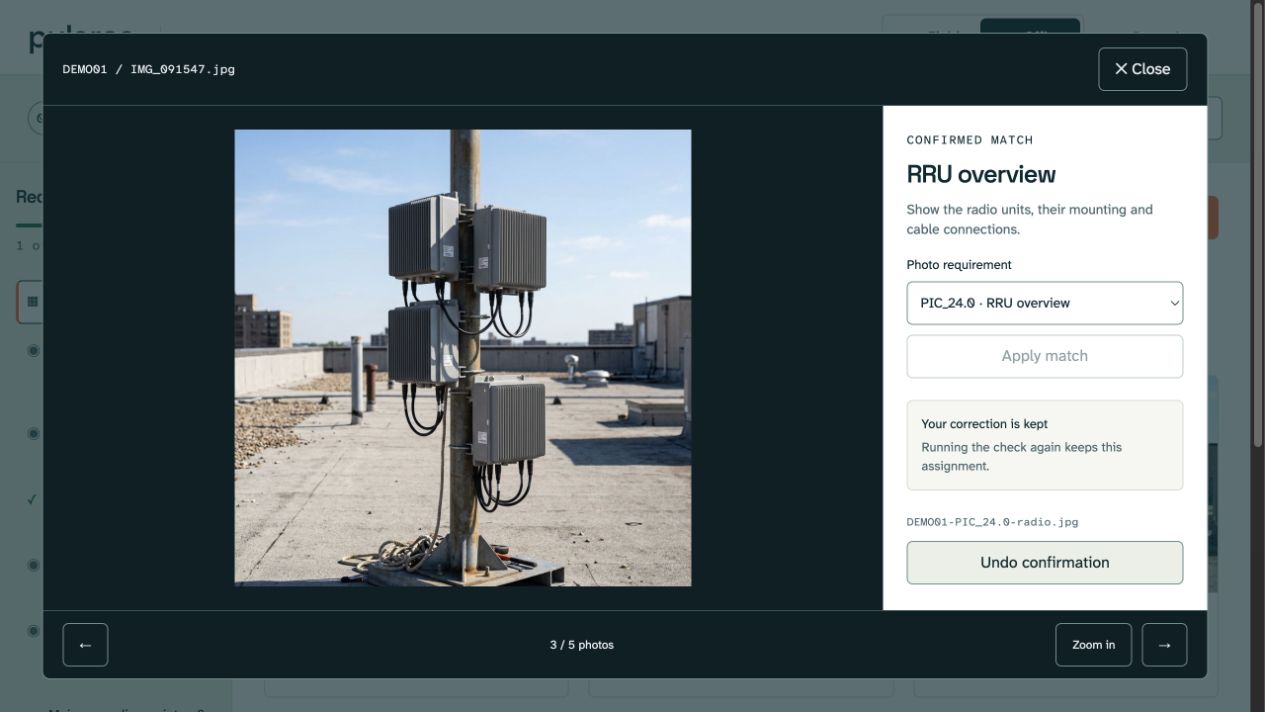 Interactive photo review: a radio-unit photo, its requirement and the reviewer’s confirmation controls.